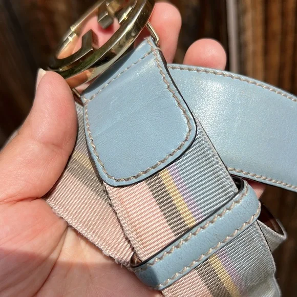Gucci Multicolor Stripe Canvas and Leather Interlocking G Buckle Belt . Size 36 - Picture 6 of 17